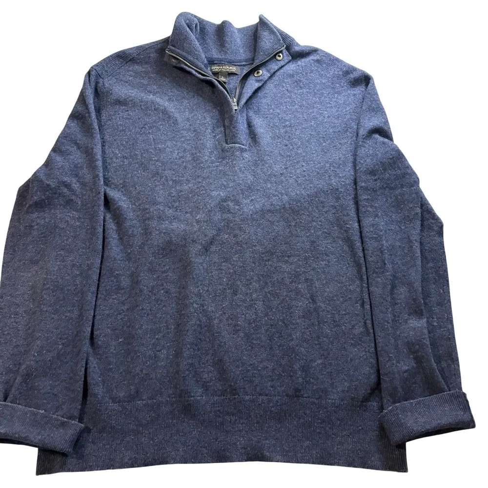 Banana Republic Mens Italian Yarn Quarter Zip Sweater Blue Large Mock Neck Knit